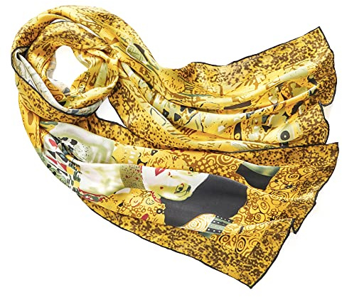 Prettystern Donna 160cm Sciarpa Seta Gustav Klimt D'arte foulard di seta pura Regalo Idee art nouveau Ritratto Adele Bloc-bauer Giallo Oro P865