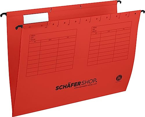SCHÄFER SHOP Hängemappen bunt – A4 Hängeregister Hängetaschen seitlich offen, inkl. Vollsichtreitern - rot, 25 Stück
