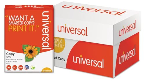 Universal 30% Recycled Copy Paper, 92 Bright, 20 lb Bond Weight, 8.5 x 11, White, 500 Sheets/Ream, 10 Reams/Carton