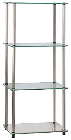 Convenience Concepts Designs2Go Classic Glass 4-Tier Tower 17.75 - Modern Media Stainless Steel Bookshelf for Living Room, Display Storage Shelves for Family Room, Bathroom, Office, Glass/Chrome