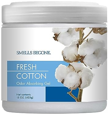 SMELLS BEGONE 15oz Gel Odor Eliminator - Absorb & Remove Tough Odors in Pet Areas, Bathrooms, Basements, Garage, Cars, RVs & Boats - Eliminate Odors Quickly (1-Pack, Fresh Cotton)