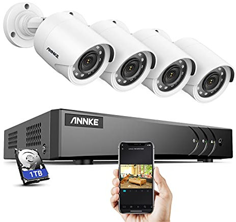 ANNKE Kit de Surveillance Filaire 1080p, DVR 8CH 5MP Lite H.265+ avec 4 caméras Blanches étanches, Détection Personne/Véhicule, Vision Nocturne, Accès à Distance, Disque Dur 1To, IP67