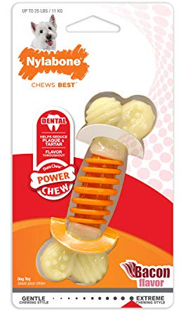 Nylabone os à ronger et jouet dentaire pour les mâcheurs agressifs, doublement texturé et strié, goût bacon - Petit - Convient aux petits chiens pesant jusqu’à 11 kilos