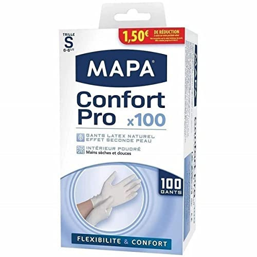 MAPA - Confort Pro - Gants Fins Ménagers en Latex – Recyclables avec TerraCycle - Flexibilité et Confort maximal - 1 boîte de 100 gants - Taille S