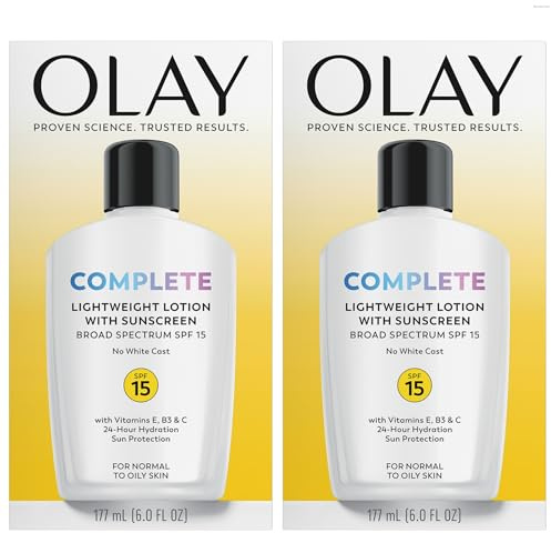 Olay Face Moisturizer, Complete with Sunscreen SPF 15, Daily Facial Lotion for Normal Skin, Lightweight Hydrating Broad Spectrum Sun Protection - Vitamin C, E, and Niacinamide - 6 Oz 2 Pack