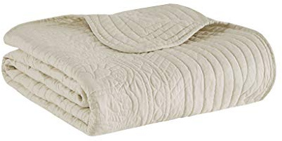 Madison Park Luxe Quilted Throw Blanket - Damask Stitching Design, Cotton Filled Spread, Ultra Soft, Cozy Bedding for Living Room Couch, Sofa, Bed, 60x72, Scalloped Borders Cream