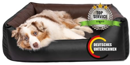 CopcoPet Cuccia per cani Rocco Nero/Marrone 110 x 90 cm – Letto reversibile in ecopelle facile da pulire – Lavabile e confortevole – Con bordo rialzato – Posto letto stabile per cani di grossa taglia