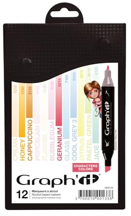 GRAPH’IT Marker Set de 12 marqueurs à alcool double pointe pour dessin de manga et illustration, pointe fine et biseautée - Set Manga 2