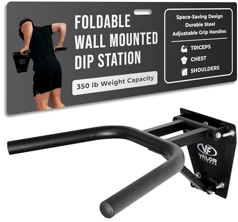 Valor Fitness Wall Mounted Dip Station - Foldable Dip Bar for Home Gym - Heavy Duty Steel Upper Body Training Equipment - Multi Grip Handles - 350 lb Capacity