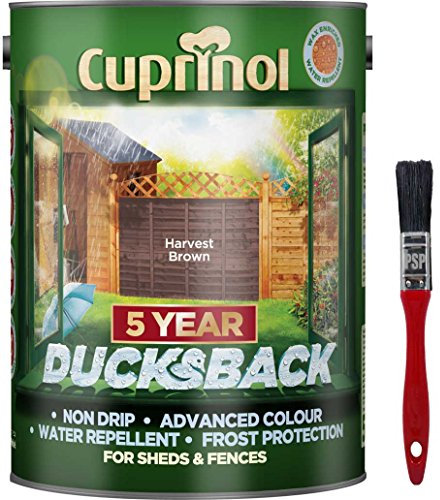 New 2020 Cuprinol Ducksback Shed & Fence Paint 5 Litre Harvest Brown. Non Drip, Water Repellent and Frost Defence. Protection for 5 Years. Includes PSP Touch up Brush.