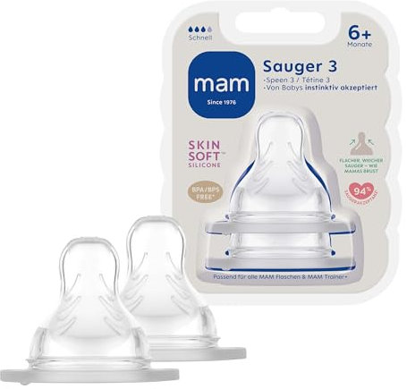 MAM Sauger Größe 3 im Doppelpack, Flaschensauger (Durchflussrate schnell), weicher Trinksauger passend für Flaschen/Trainer, ab 6+ Monate