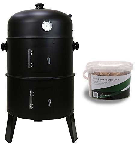 First4spares Deluxe 3 in 1 BBQ, Grill & Smoker with Built in Thermostat & Hanging Racks + Free Oak Flavour Smoking Chips