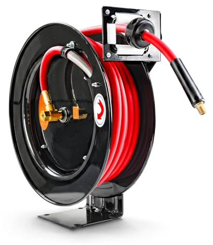 ReelWorks Air Hose Reel 3/8 Inch x 50' Foot SBR Rubber Hose Max 300PSI Commercial Steel Construction
