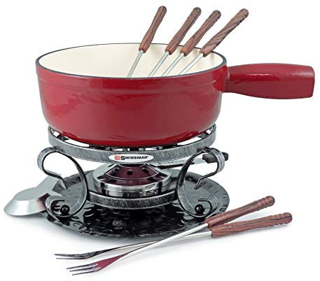 Swissmar KF-66517 Lugano Fondue Set 9-teiliges, Gusseisen/Edelstahl, Kirschrot, 2L, Fondue-Set für Fleisch, Käse und Schokolade, für 4 Personen, Geschenkset