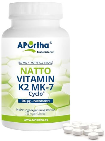 APOrtha Vitamin K2 MK7 200 µg 99+% ALL-Trans, 365 Tabletten hochdosiert vegan, Hochwertiges Natto K2 Vitamin leicht zu schlucken Nahrungsergänzung Vit K2, Vitamin K 2 Alternative zu K2 Tropfen Kapseln