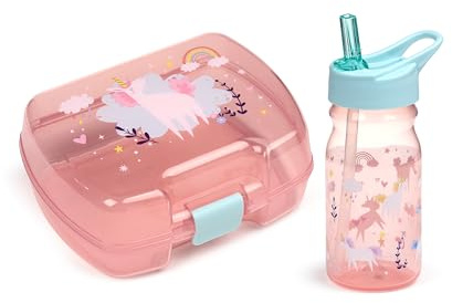 Puckator Set porte-goûter rose pour fille (boîte à déjeuner pour nourriture et bouteille d'eau avec paille) - magie de la licorne et arc-en-ciel, sans BPA