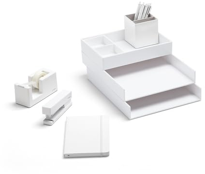 Poppin Dream Desk Set - White, Letter Trays, Accessory Tray, This + That Tray, Pen Cup, 6 Gel Pens, Soft Cover Notebook, Stapler and Tape Dispenser, Complete Office Organizer Set