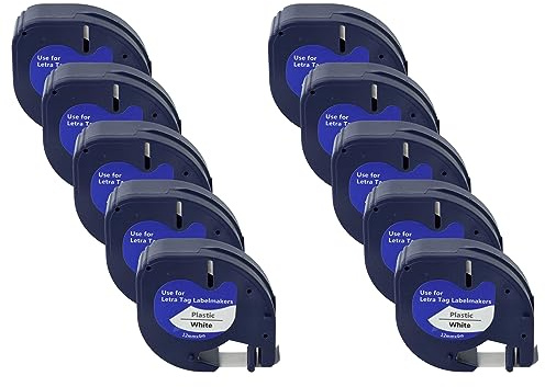 vhbw 10x Schriftband-Kassette Plastik kompatibel mit Dymo LetraTag Plus LT-100T, XM, 2000, LT-100H Etiketten-Drucker 4m x 12mm Schwarz auf Weiß