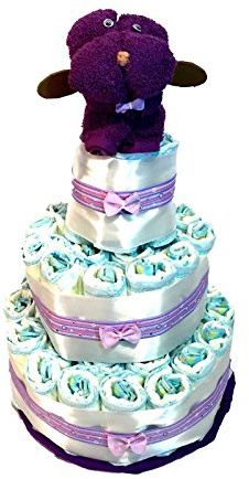 Tarta de pañales perrito de toalla morado (Talla 2 (3-6 kg)) by MomentosGourmet Añade tu dedicatoria personalizada. Regalo para bebé muy práctico. Cesta Canastilla recién nacido. Diaper Cake
