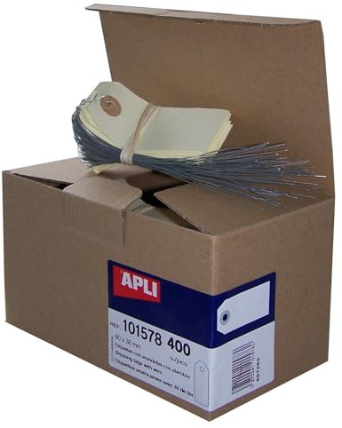 Apli 101578 - Étiquettes américaines crème 80x38 mm avec œillet + fil de fer - 400 pièces - Carton bristol 160g/m² - Idéal pour artisanat, prix, mariage, stockage, pressing.