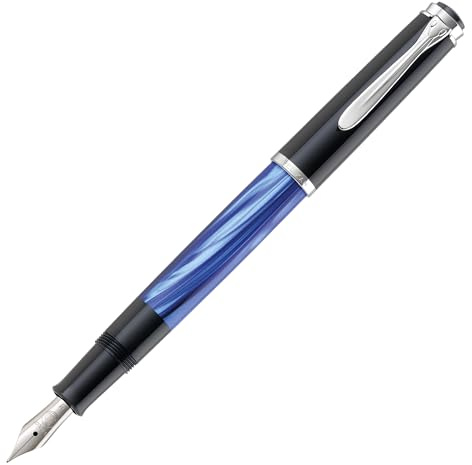 Pelikan Füllhalter Classic 205, Blau-Marmoriert, Feder F (fein), hochwertiger Kolbenfüller im Geschenk-Etui, 801966