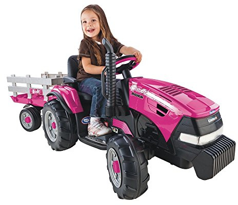 Peg Perego Case IH Magnum Tractor and Trailer Extra-Large 12 Volt Ride on, Pink. Durable Design for Kids Ages 3-7