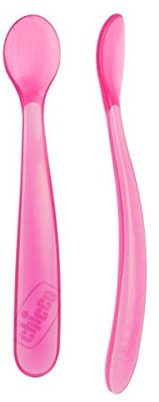 Chicco Cucchiaino Svezzamento in Silicone, Set 2 Cucchiai Morbidi per Neonati e Bambini, Delicati e Flessibili, con Impugnatura Ergonomica e Manico Lungo Curvato, 2 Pezzi - 6+ Mesi, Rosa