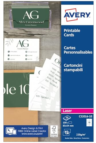 Avery C32016-10 - Tarjetas de visita para impresoras láser de color y monocromáticas (100 unidades, bordes suaves y aspecto satinado, 220 g/m², 85 x 54 mm)