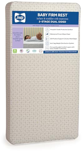 Sealy Baby Firm Rest Antibacterial Breathable Crib Mattress, Made in USA, GREENGUARD Gold Certified, 204 Steel Coils, 2 Stage, Toddler Bed Fit, Waterproof, Non Toxic, Safety & Quality Tested, 52x28