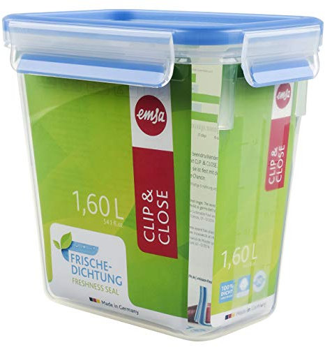 Emsa 508543 CLIP & CLOSE FRISCHHALTEDOSE | Rechteckige | mit Deckel | 1,5 Liter | Transparent/Blau | 100% dicht