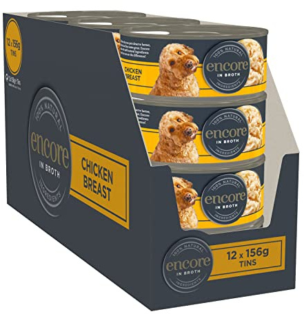 Encore Nourriture Humide 100% Naturelle de qualité supérieure pour Chiens, Poitrine de Poulet en Bouillon pour Chats Adultes – Lot de 16 boîtes de 156 g