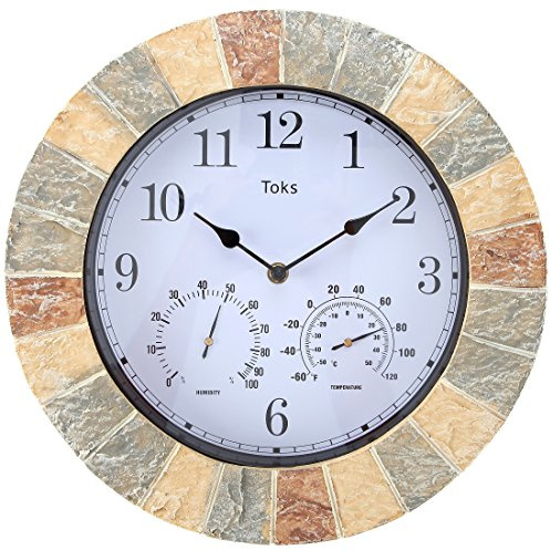 Lily's Home Hanging Wall Clock, Includes a Thermometer and Hygrometer and is Ideal for Indoor and Outdoor Use, Wonderful Housewarming Gift for Friends, Faux-Stone (13 Inches)