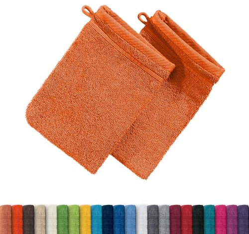 Erwin Müller Waschhandschuh Heidelberg 2er- Pack, 100% Baumwolle orange Größe 15x21 cm - weiche Qualität, saugstark und strapazierfähig - praktisch durch Schlaufe (weitere Farben)