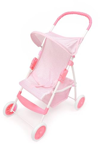 Badger Basket Folding Doll Umbrella Stroller for Dolls Up to 18 Inches - Lightweight, Compact Doll Stroller with Safety Belt, Pink and White Design