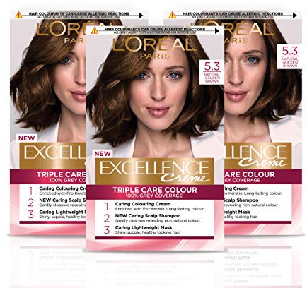 L'Oréal Paris Excellence Crème Permanent Hair Dye, Radiant At-Home Hair Colour with up to 100% Grey Coverage, Pro-Keratin, Up to 8 Weeks of Colour, Pack of 3, Colour: 5.3 Natural Golden Brown