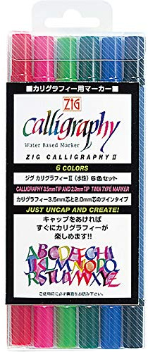 Kuretake Zig Calligraphy Pens,2mm. 3.5mm Dual Tip Markers, AP-Certified, No Mess, Photo-Safe, Acid Free, Lightfast, Odourless, Xylene Freeing, for Beginners, Made in Japan (6 pens Set)