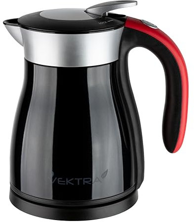 Vektra VEK-1201B Vacuum Insulated Environmentally Eco Friendly Easy Pour Cordless Kettle, 1.2 Litre, Black/Red