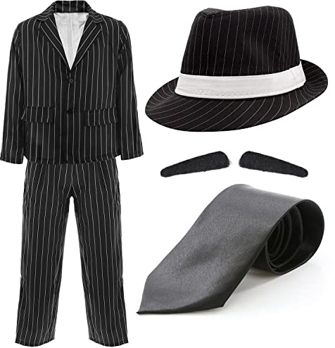 Adults Gangster Costume - Small Black and White Pinstripe Suit Jacket, Trousers, Trilby Hat, Black Tie - 1920's Film & TV Fancy Dress