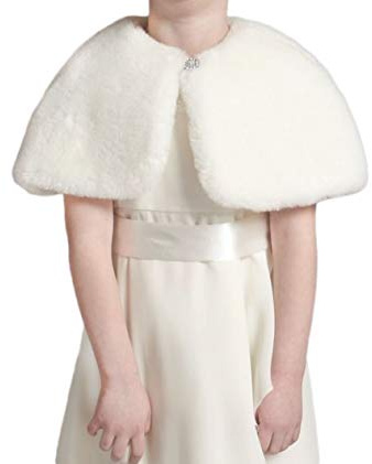 Flora Faux Fur Flower Girl Shrug/Child Bridesmaid Cover up with Diamante Brooch (Medium, IVORY)