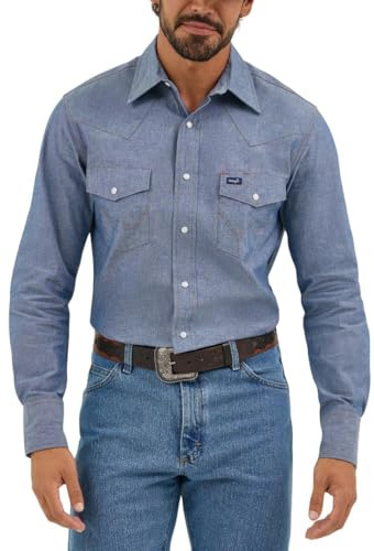 Wrangler mäns Chambray långärmad arbetsskjorta Chambray, Medium blå Chambray, 15.5 Neck 34 Sleeve