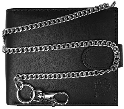 Roamlite Chained Mens Mans Designer Leather Wallet - Black Credit Card Wallets with Key Belt Chain - 17 inch 43cm Chain - 4 Credit Card Slots - Buttoned Coin Pouch - 11x9.5x2cm RL506KA