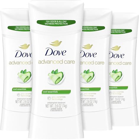 Dove Advanced Care Antiperspirant Deodorant Stick Cool Essentials 4 ct for helping your skin barrier repair after shaving 72 hour odor control and sweat protection with Pro Ceramide Technology 2.6 oz