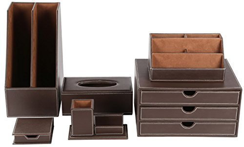 KINGFOM™ 6pcs Leder Schreibtisch Organizer Set -- Inklusive Schreibtisch Organisator , Schubladenbox, Kosmetiktücherbox , Zeitschriftensammler Halter , Stifthalter mit Visitenkartenhalter und Zettelbox ( T05-Braun)