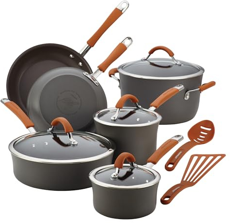 Rachael Ray 87635 Cucina Dishwasher Safe Hard Anodized Nonstick Cookware Pots and Pans Set, Aluminum, Pumpkin Orange