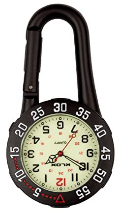 Klox Unisex-Taschenuhr für FOB-Armbanduhr Schwarz auf Karabiner Drehbare Lünette Leuchtendes Gesicht Ärzte Krankenschwestern Analoganzeige Quarzwerk