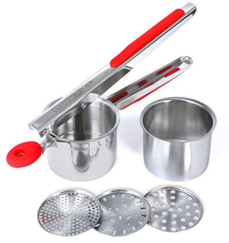 Rorence Stainless Steel Potato Ricer: 15 Oz Potato Masher with 3 Interchangeable Discs & Inner Cup & Silicone Grip Handles - Red