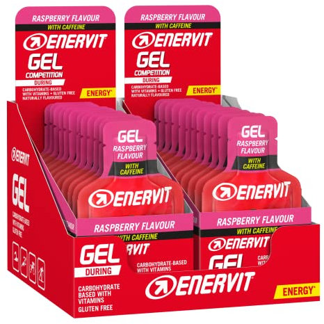 Enervit, Gel Competition Lampone con Caffeina, Gel Energetico, 20g di Carboidrati, 20mg di Caffeina, Adatti Durante Sport di Lunga Durata, Gusto Lampone, VeganOK, Senza Glutine, 24 Pack da 25ml