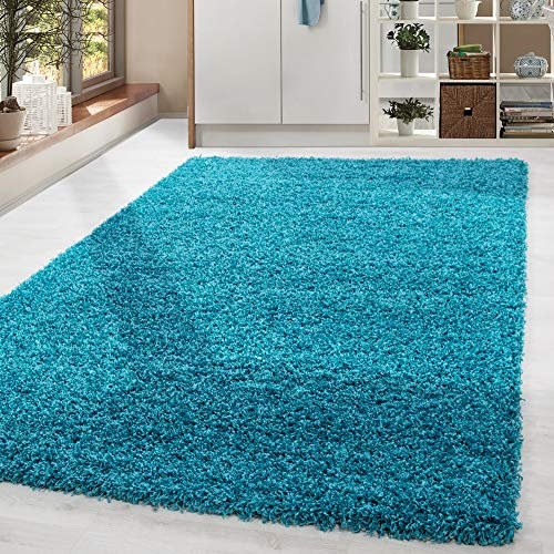 HomebyHome Shaggy Teppich Wohnzimmer 120 x 170 cm - Shaggy Teppich Hochflor Türkis Extra Weich und Flauschig - Waschbarer Langflor Teppiche für Schlafzimmer, Küche, Flur - Carpet, Halı, Kilim