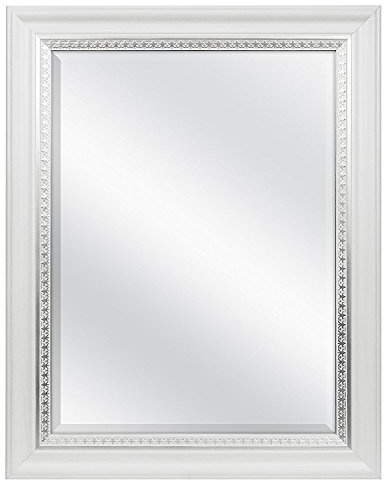MCS 23x29 Large Wall Mirror, White Woodgrained Frame with Silver Embossed Detail & Beveled Detail Mirror, Vertical & Horizontal Wall Hanging Mirror for Bathroom, Bedroom & Livingroom