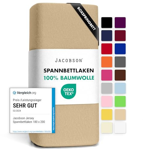 Jacobson Jersey Spannbettlaken Spannbetttuch Baumwolle Bettlaken (180x200-200x220 cm, Beige)